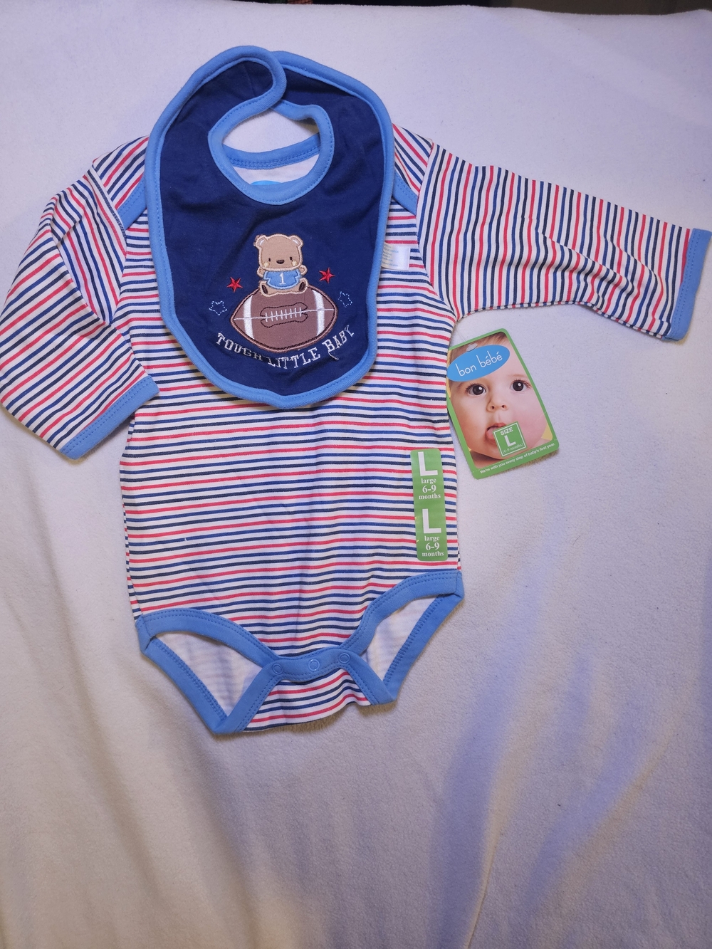 Bon Bebe Blue, Red and White Striped Long-Sleeve One-Piece with Navy Bib